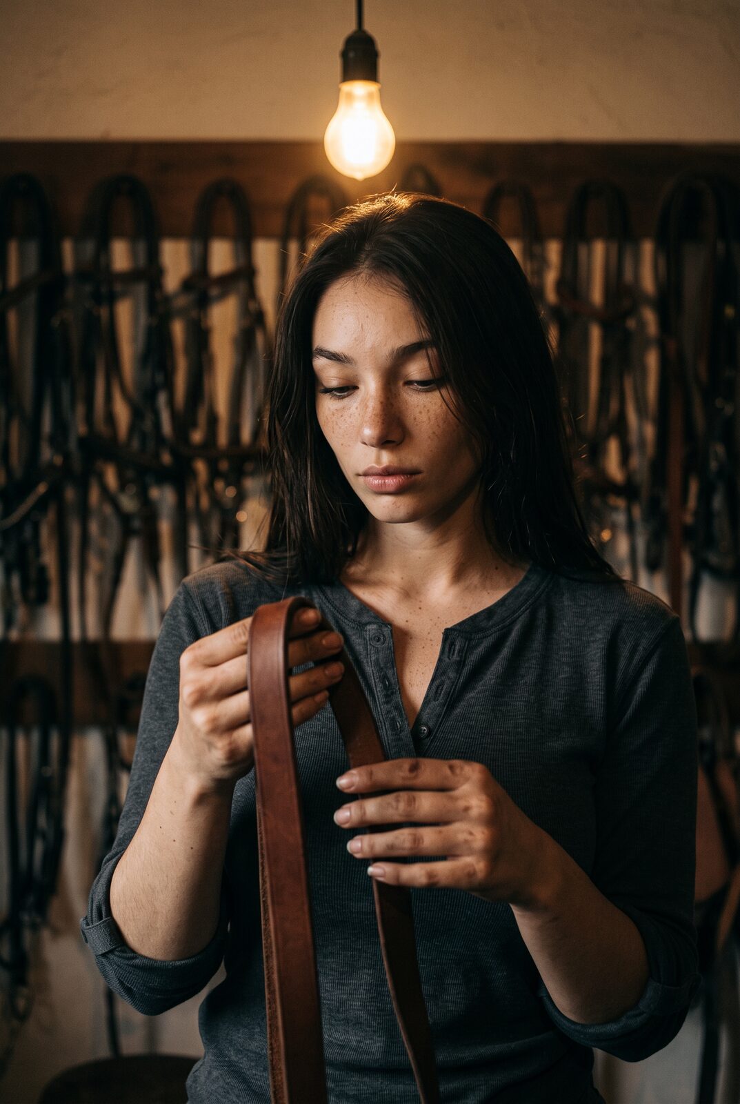 She cuts and stitches her own tack; she trusts leather she has shaped in her own hands over anything off a shelf. She smells, permanently, of it — leather and hay.