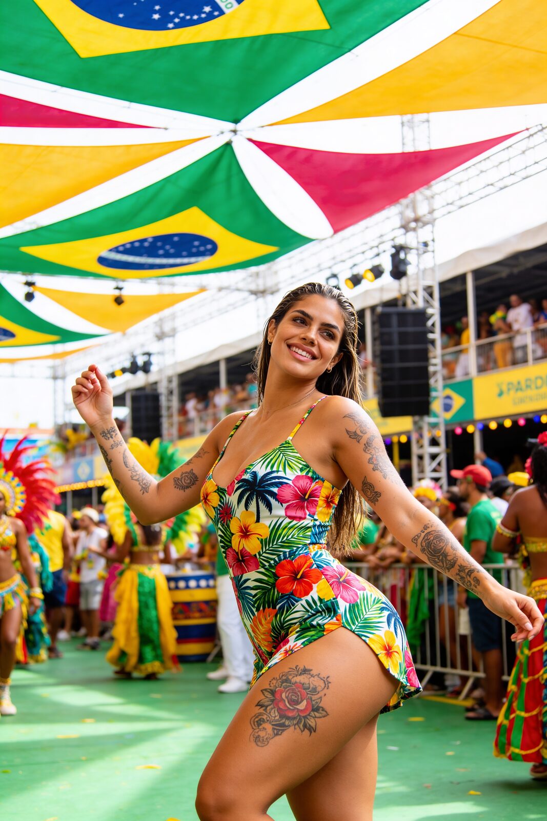 Under the Brazilian colours, in the tropical print, in the middle of the street where Carnival actually lives. Not the tourist postcard — the real thing, complex and political and spiritual. She wants to carry the samba to the places it hasn’t reached, and to document the escolas that gentrification is quietly erasing before they are gone.