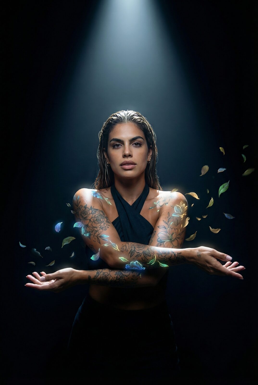 Spotlit against black, petals suspended, both tattooed arms crossed like a shield she chose. At twenty-two a single Carnival photo reached two million people who couldn’t forget her face and never learned her name. She disappeared for a year and came back with one rule: “You don’t need permission to take up space. You were born taking it.”