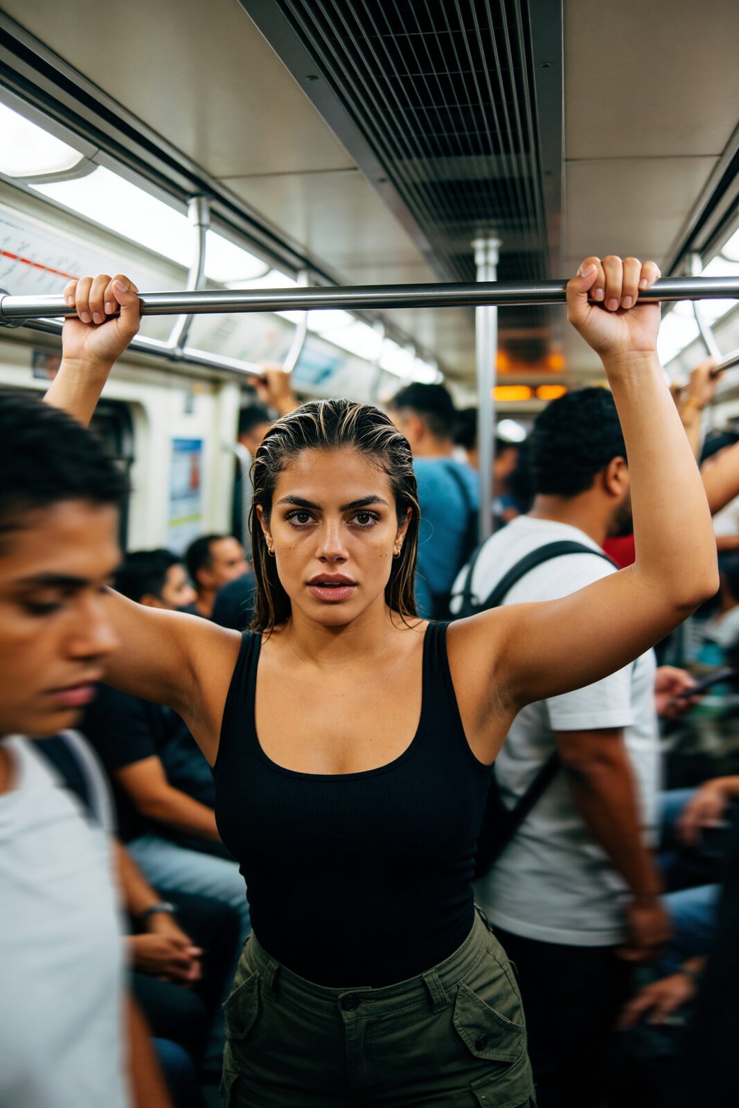 Holding the bar on the São Paulo metro, the city pressing in from every side — chaotic, loud, contradictory, hers. Rio is prettier to outsiders; she defends São Paulo with her nails and her ink. “São Paulo isn’t pretty,” she says. “It’s real. I prefer real.” The noise isn’t something to escape. It’s part of where the work comes from.