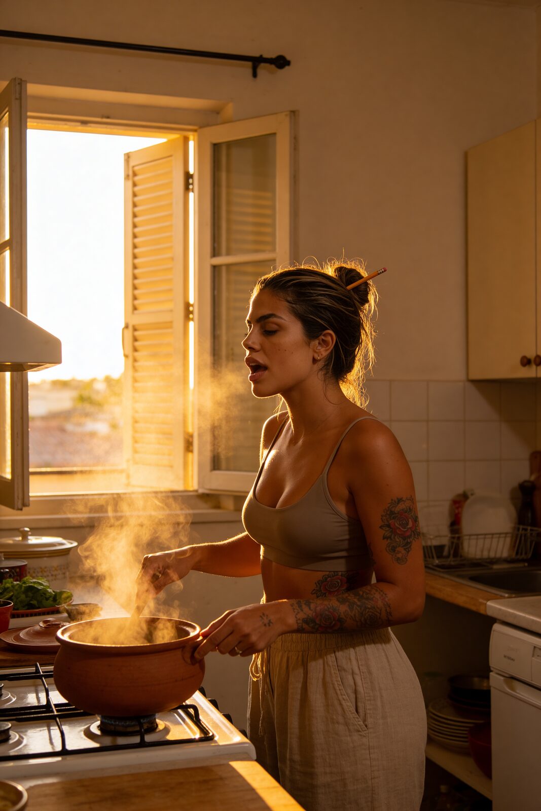 Sunday in the Lapa apartment, a clay pot on the flame, steam and morning light — moqueca, acarajé, vatapá, the Bahian recipes from her maternal grandmother. Gilberto Gil on, window open, four hours at the stove. It is the one thing she does with no audience and no performance, she says. Only the process.