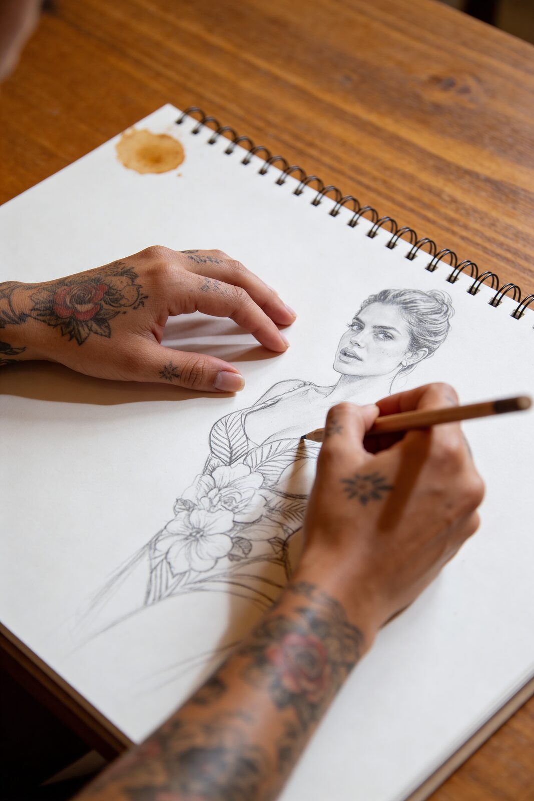 A coffee ring on the page, a rose taking shape in graphite, her own flora sleeve wrapped around the same wrist. Give her a pen and she draws — on napkins, book margins, her own arm — without deciding to. “Every scar I covered with flowers,” she says. “Not to hide it — to make it bloom.”