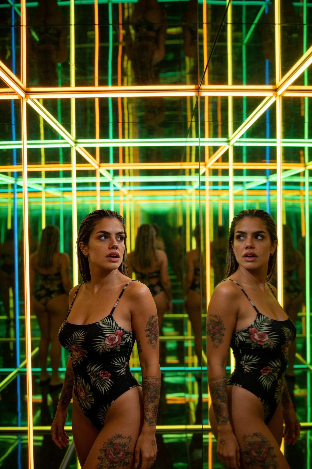 A grid of neon, and more than one of her inside it — the reflections she spent years learning to govern. After the viral photo she was “the tattooed girl from Carnival” to strangers: an image, not a person. She took two jobs thinking she could steer it. She couldn’t. Now she is exacting about every frame she approves. “Control your image or someone else will. I learned that the hard way.”