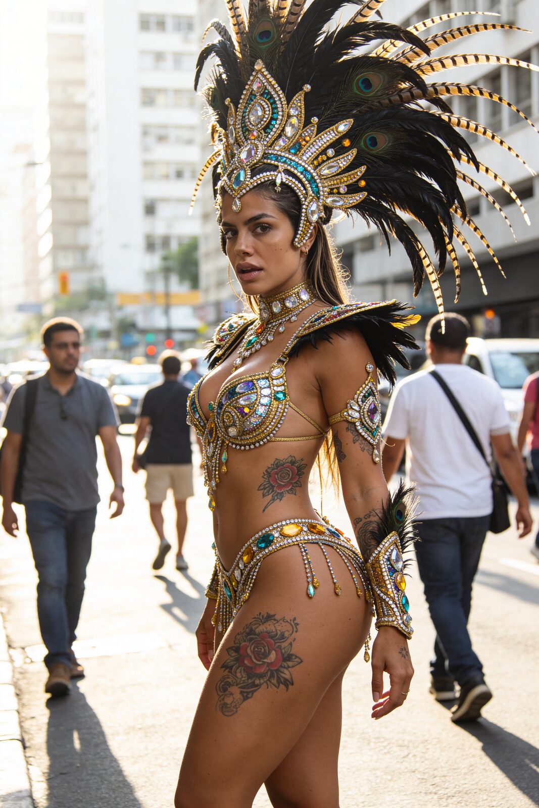 The crown of the Escola Unidos do Madalena, the headdress her mother’s world built. Dona Claudete ran the school; Valentina danced from the age of four — not a hobby, a vocation. At twenty-two she was rainha for the first time. “Samba is not a dance,” she says. “It’s a theology.” Nobody watching the parade imagines the months of 5am rehearsals behind it.