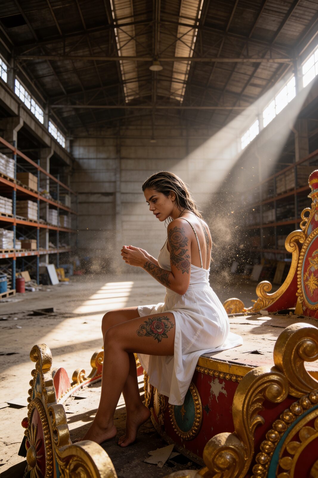 An old float in a warehouse gone quiet, dust hanging in the light. She photographs the samba schools being pushed out by money and time — hundreds of unpublished frames she doesn’t yet know what to do with, only that they matter. Her book, Raízes, will hold the tattoos and the vanishing schools in one volume. Published in Brazil, she insists. Not for foreigners.